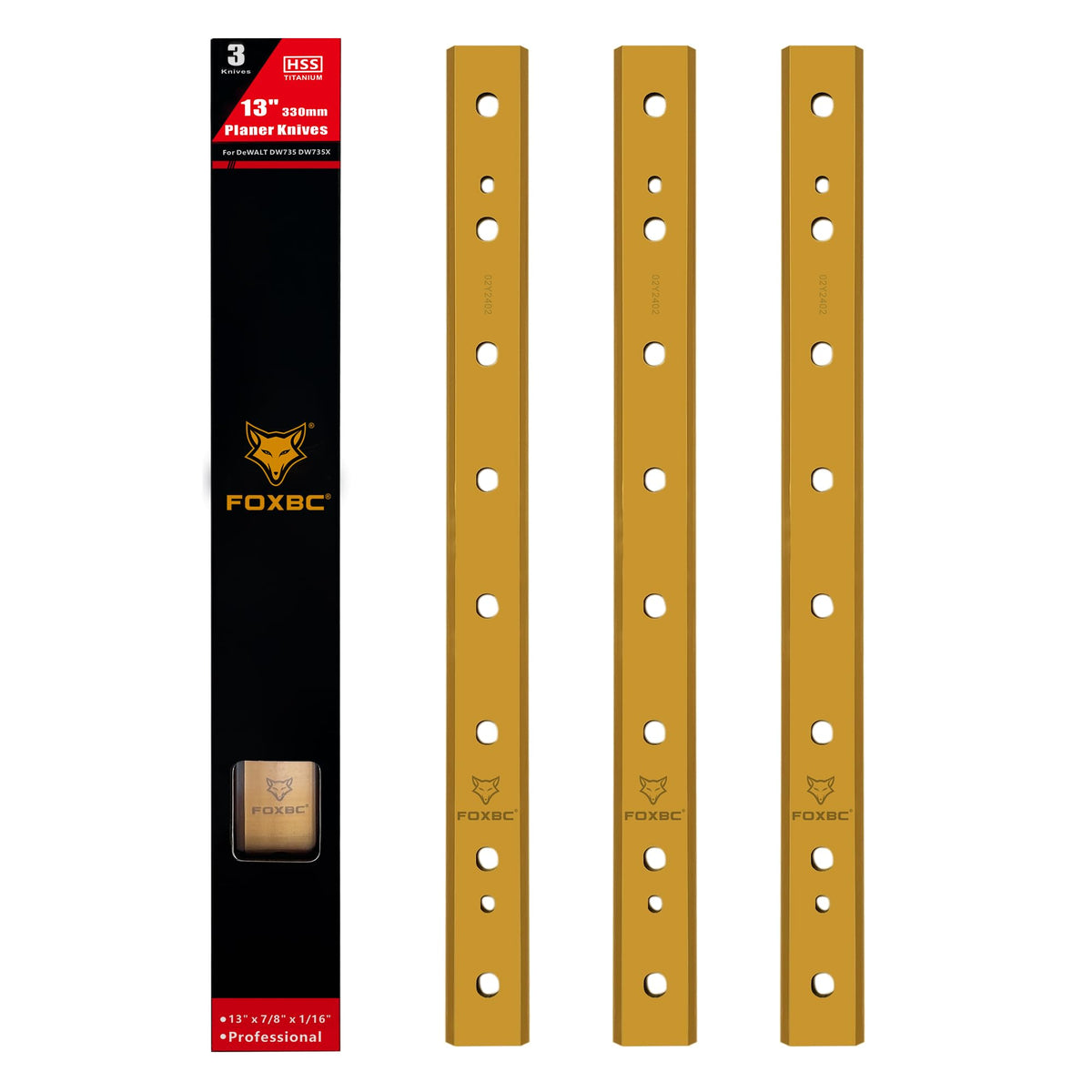 FOXBC titanium planer blades, 13-inch dual edges for DW735, extended edge life.