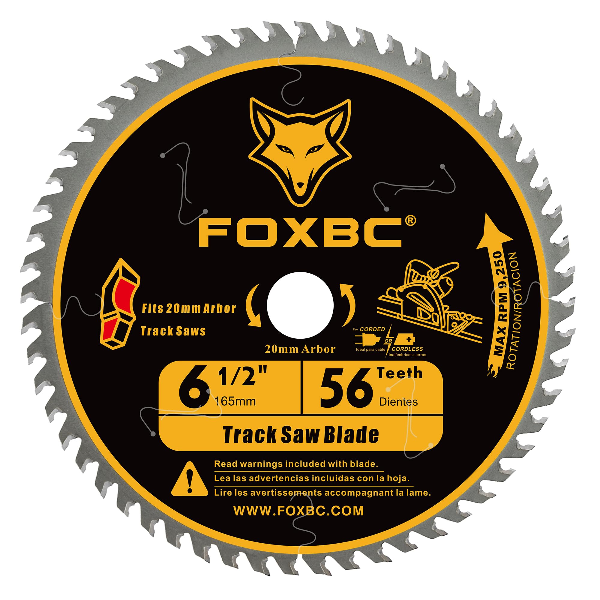 FOXBC track saw blade 165mm with 20mm arbor for smooth, precise wood cuts.