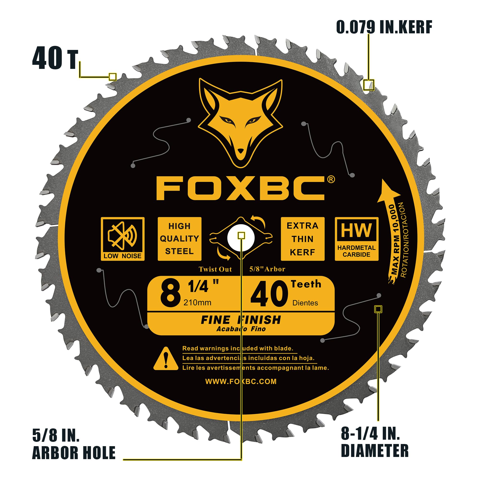 FOXBC ultra-thin kerf blade showing 0.079 inch kerf for fast cuts.
