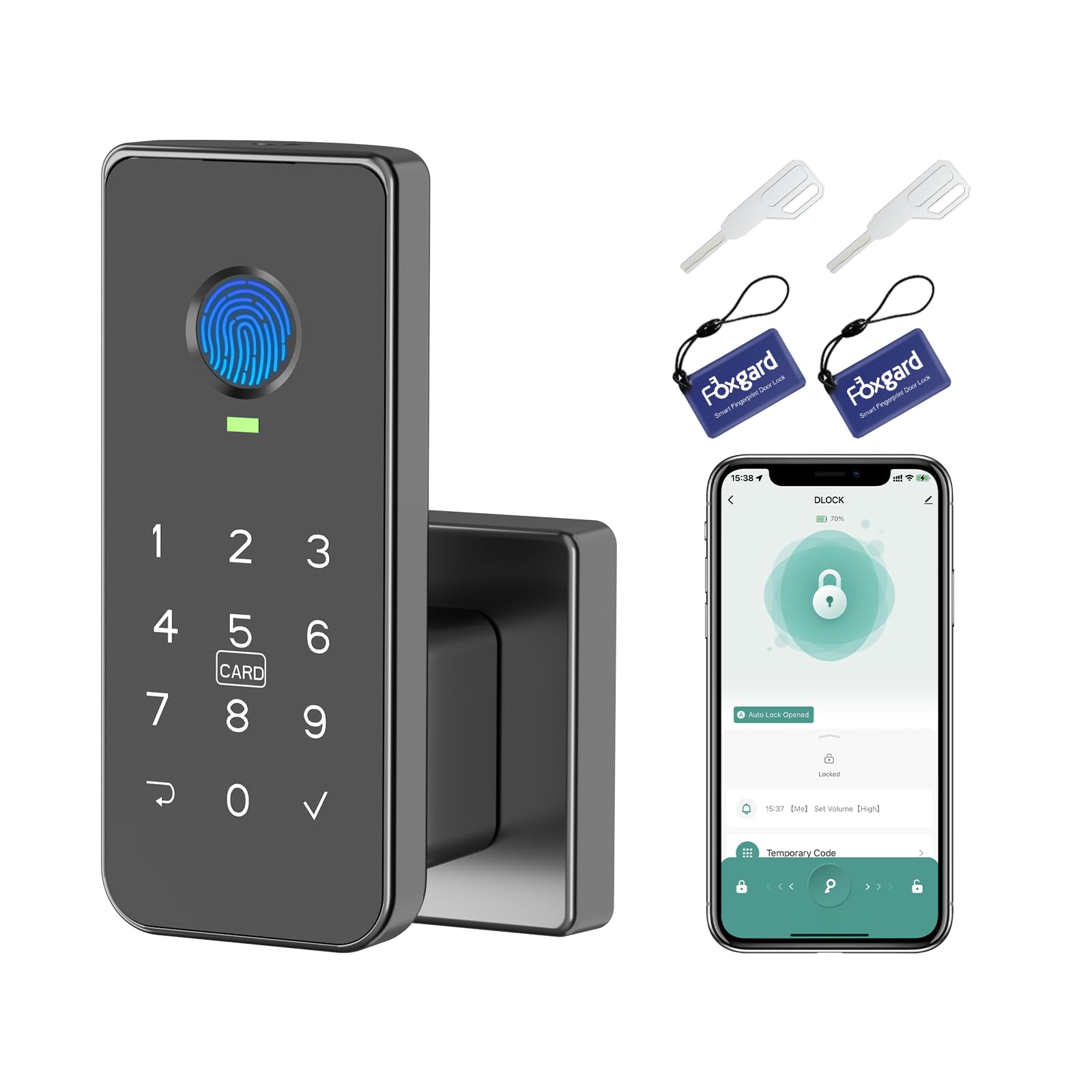 Foxgard fingerprint door lock front view showing secure, keyless entry for home or office