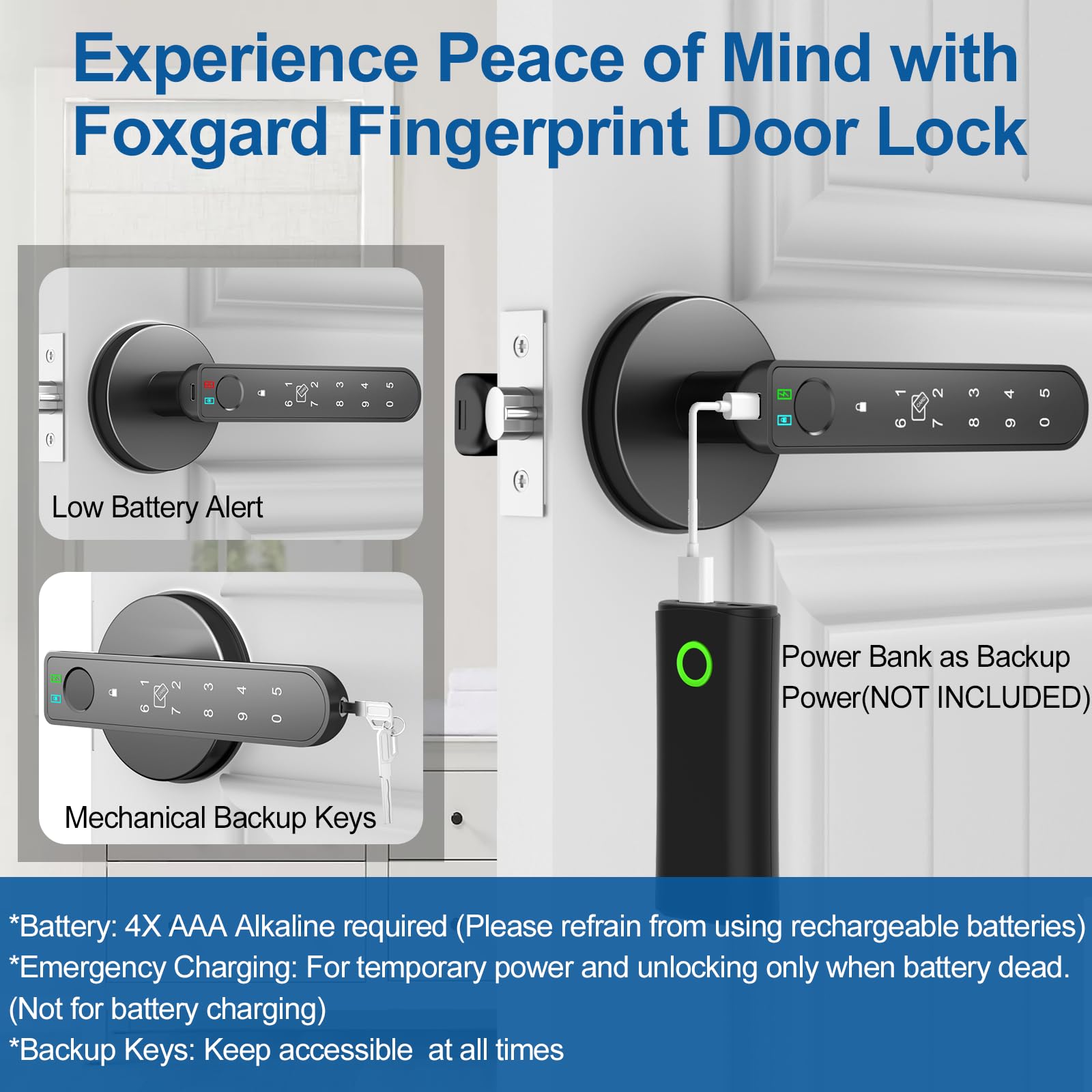 Foxgard door lock battery compartment highlighting long battery life