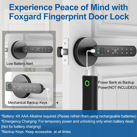 Foxgard door lock battery compartment highlighting long battery life