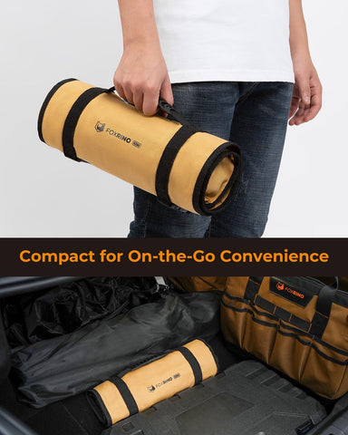 Foxrino Tool Roll hanging loops enable easy tool access in a workshop.