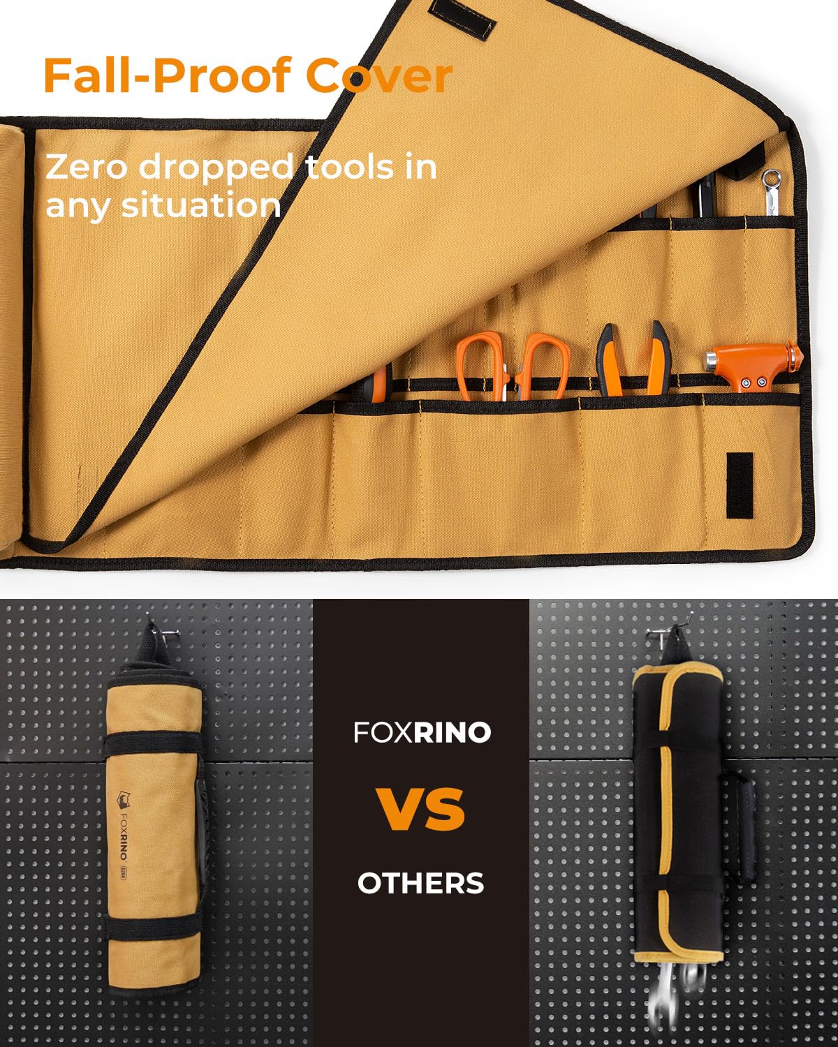 Inside Foxrino Tool Roll, varied pockets fit wrenches and screwdrivers securely.