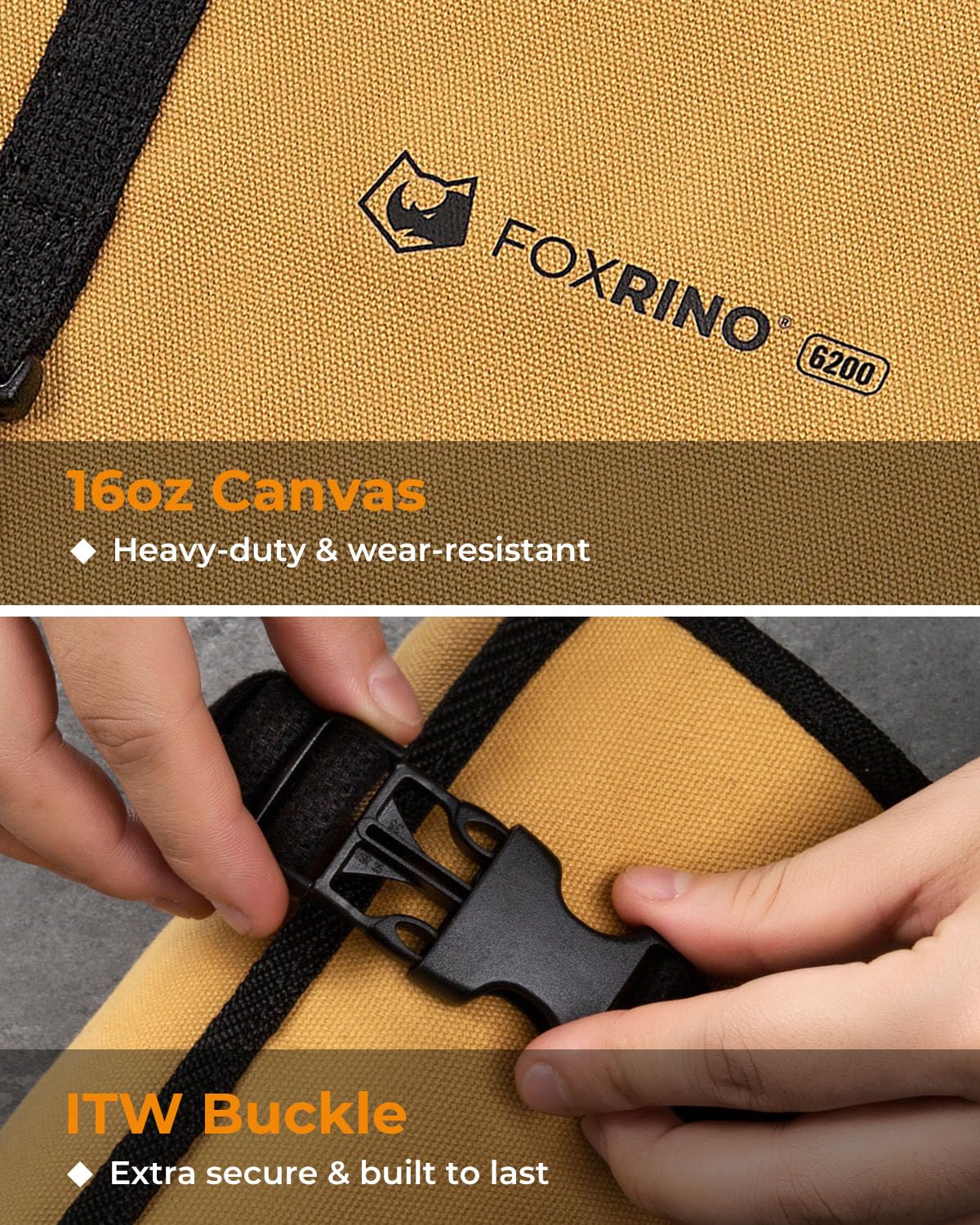 Foxrino Tool Roll large zip pocket offers flexible storage for accessories.