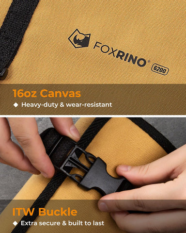 Foxrino Tool Roll large zip pocket offers flexible storage for accessories.