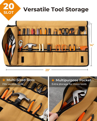Foxrino Tool Roll opened to reveal 21 pockets for quick tool access.