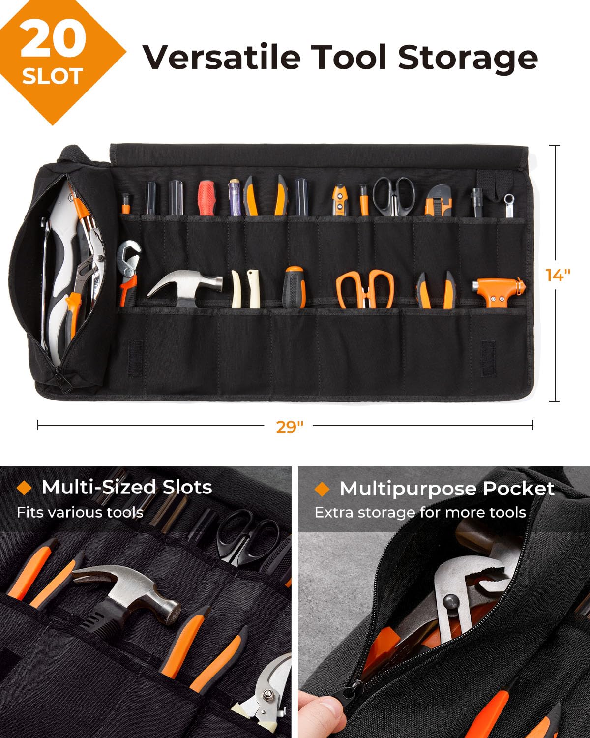 Foxrino tool roll top flap anti drop keeps tools secure on the move