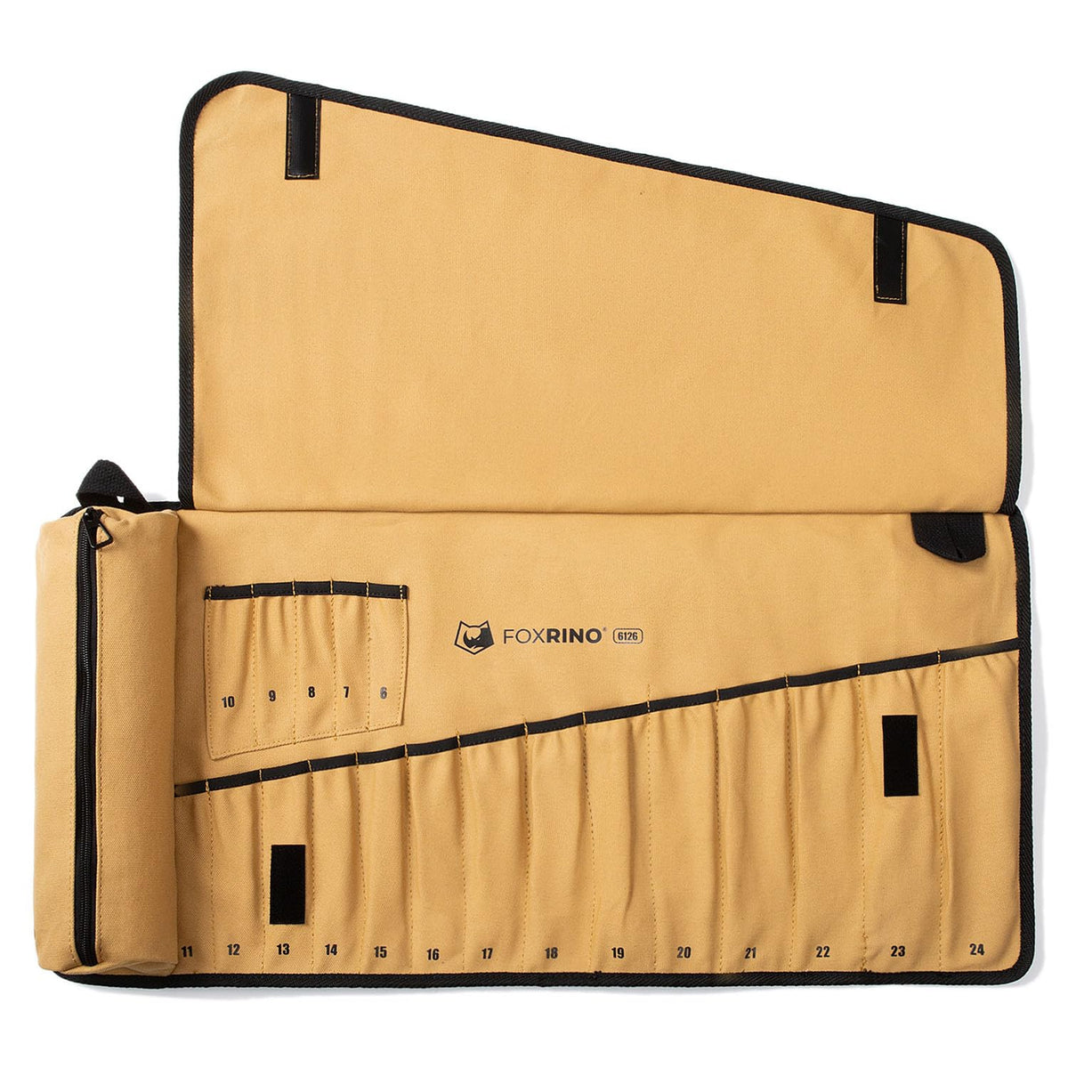 Foxrino wrench roll 19-pocket layout keeps metric wrenches organized and accessible.