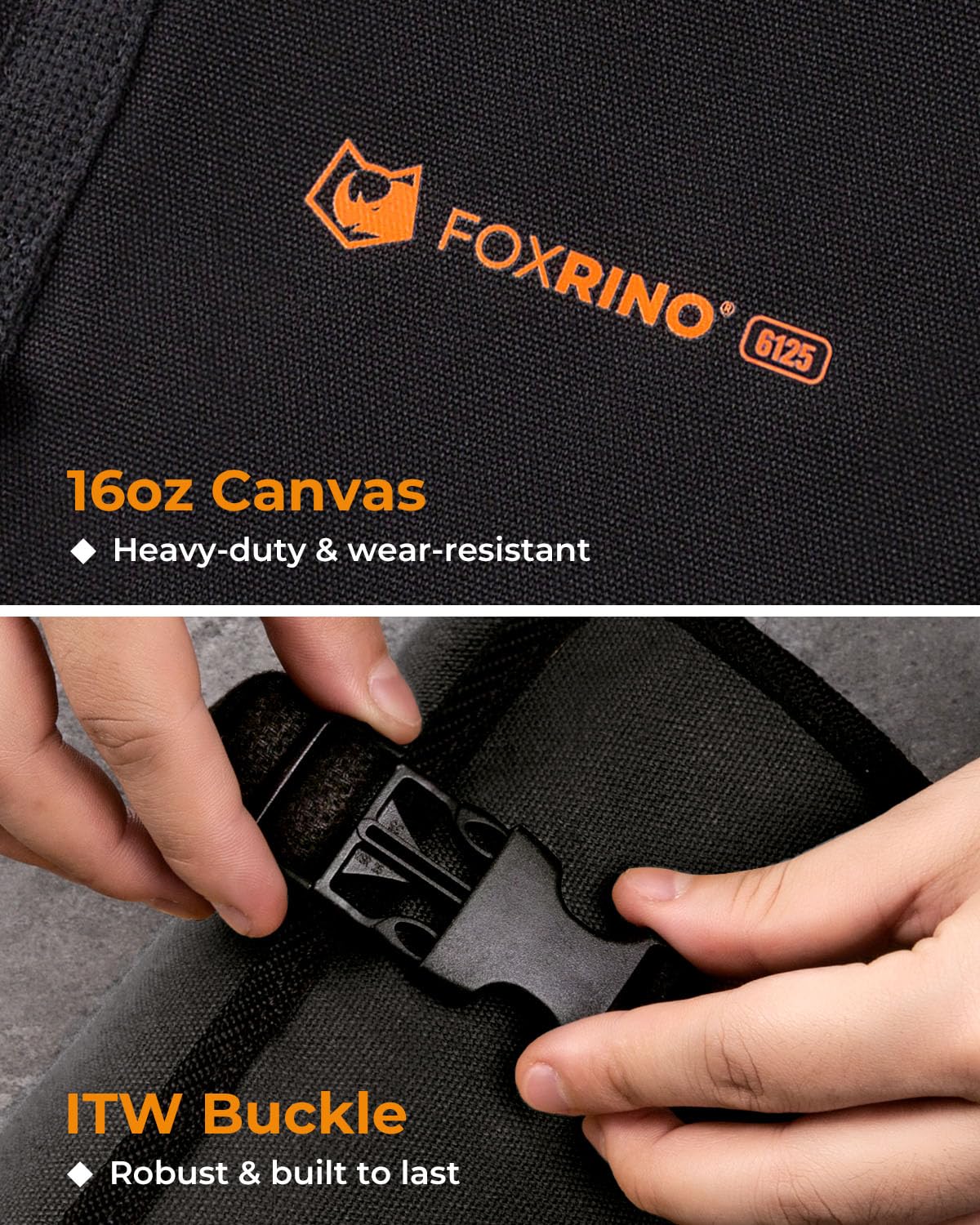 Foxrino Wrench Roll buckle closure keeping tools from spilling.