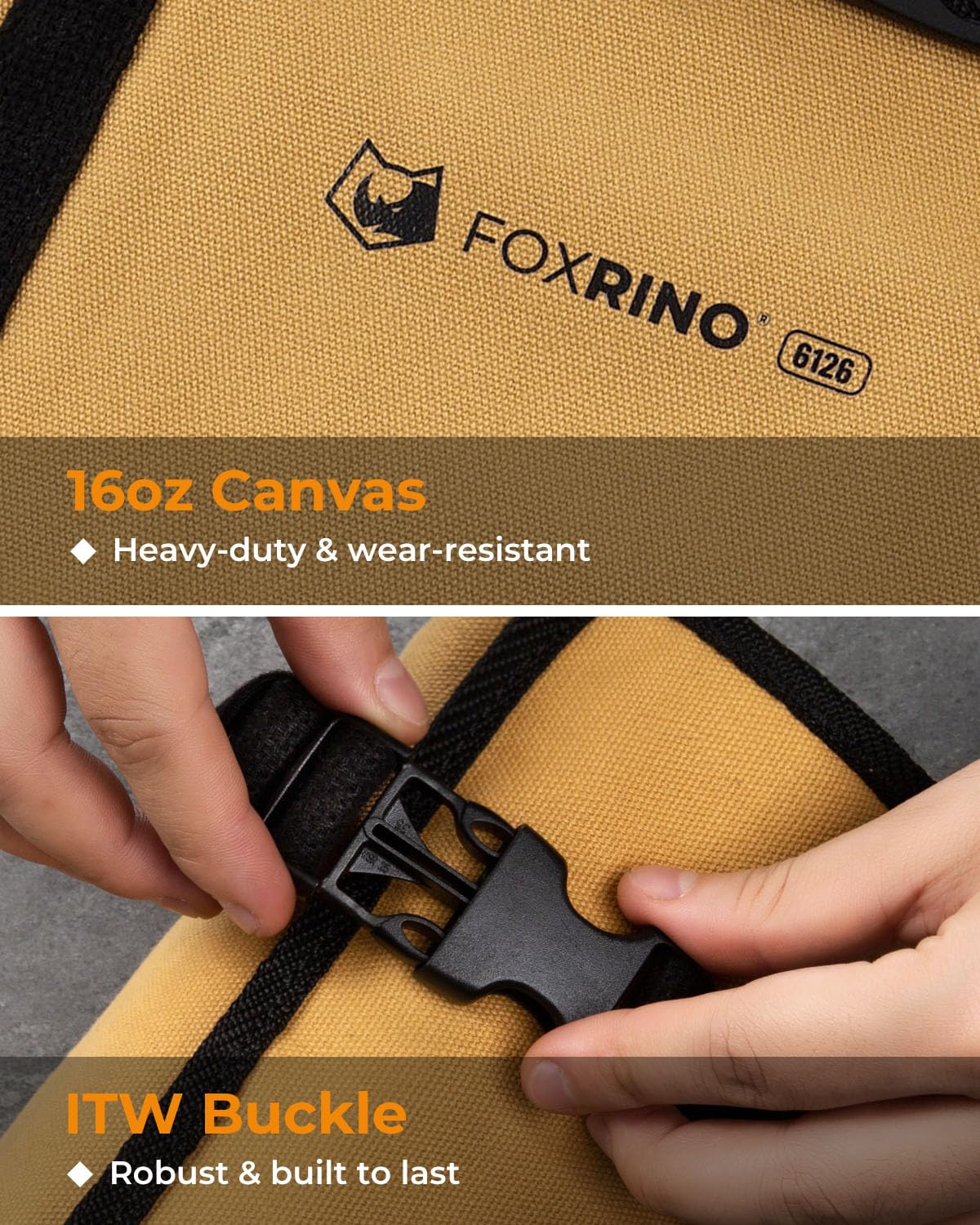 Foxrino wrench roll includes carry handle and hanging loops for quick wall display.