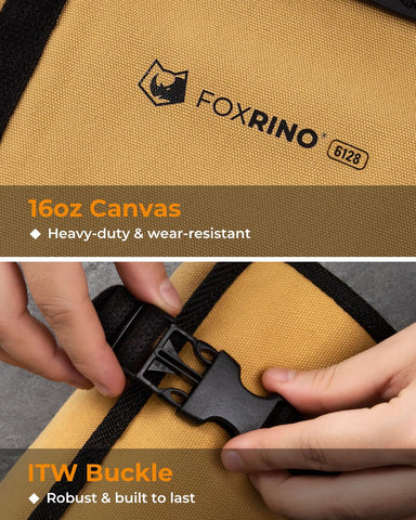 Foxrino wrench roll carrying handle enables portable setup.