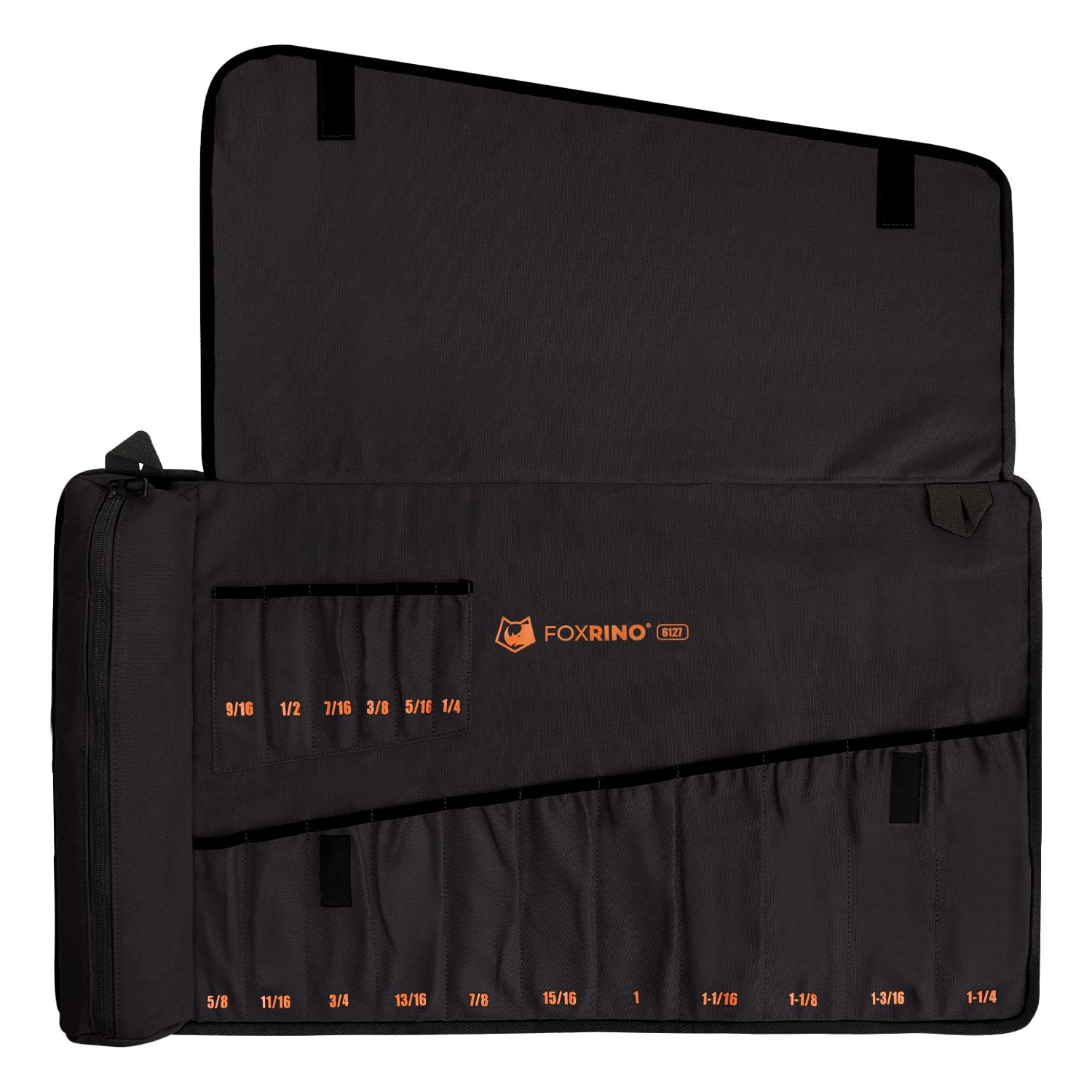 Foxrino Wrench Roll front view with 17 pockets for organized SAE wrenches.