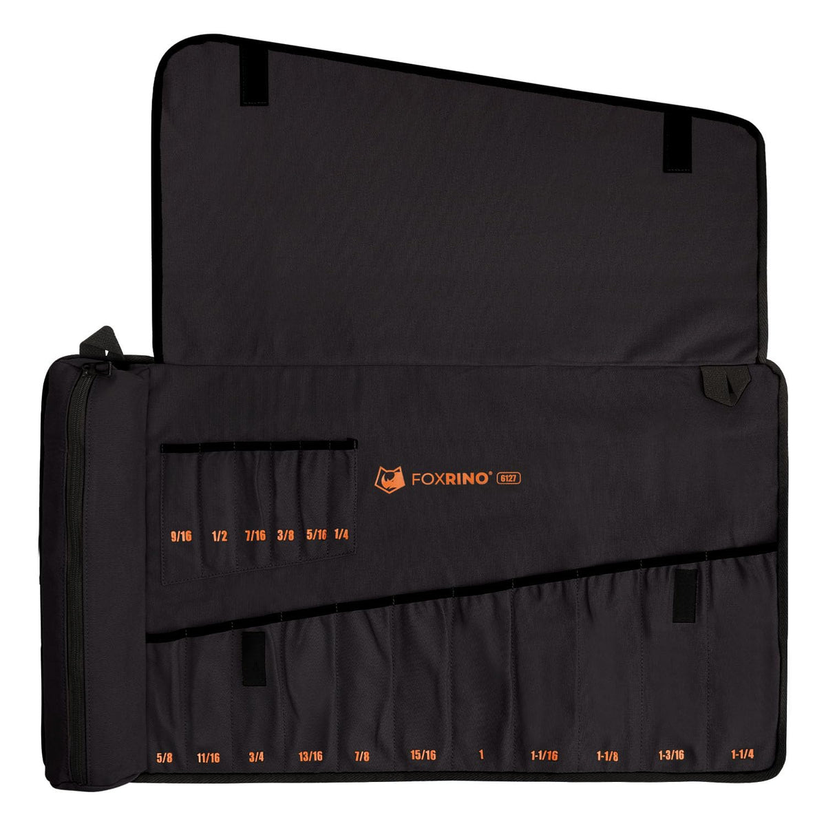 Foxrino Wrench Roll front view with 17 pockets for organized SAE wrenches.