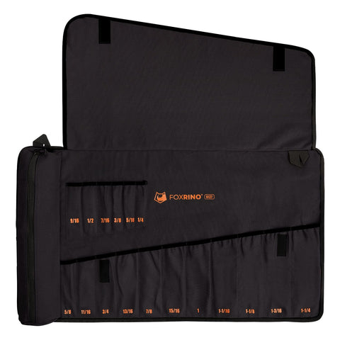 Foxrino Wrench Roll front view with 17 pockets for organized SAE wrenches.