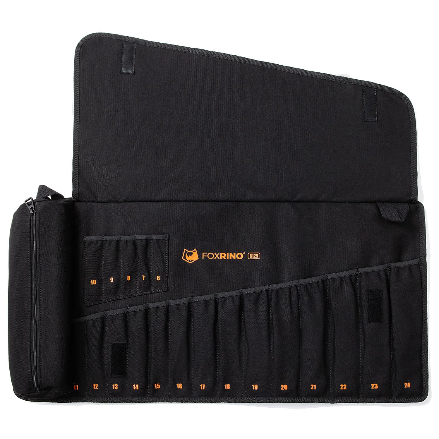 Foxrino wrench roll with 19 pockets keeps full metric set organized for fast access.