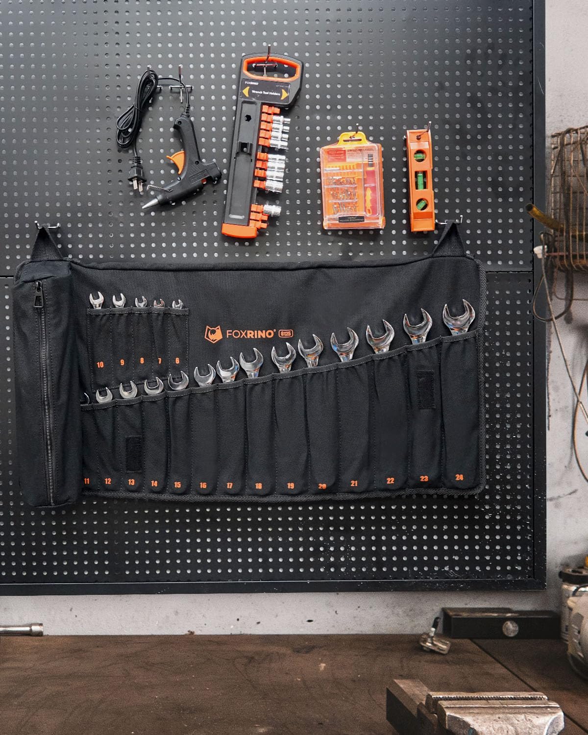 Foxrino wrench roll hanging loops allow wall display for quick visibility.