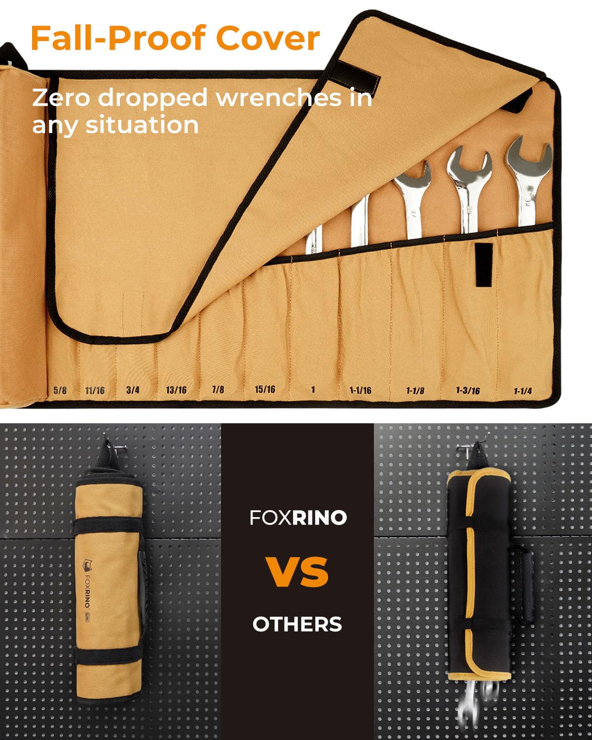 Foxrino wrench roll locking flap keeps tools in place.