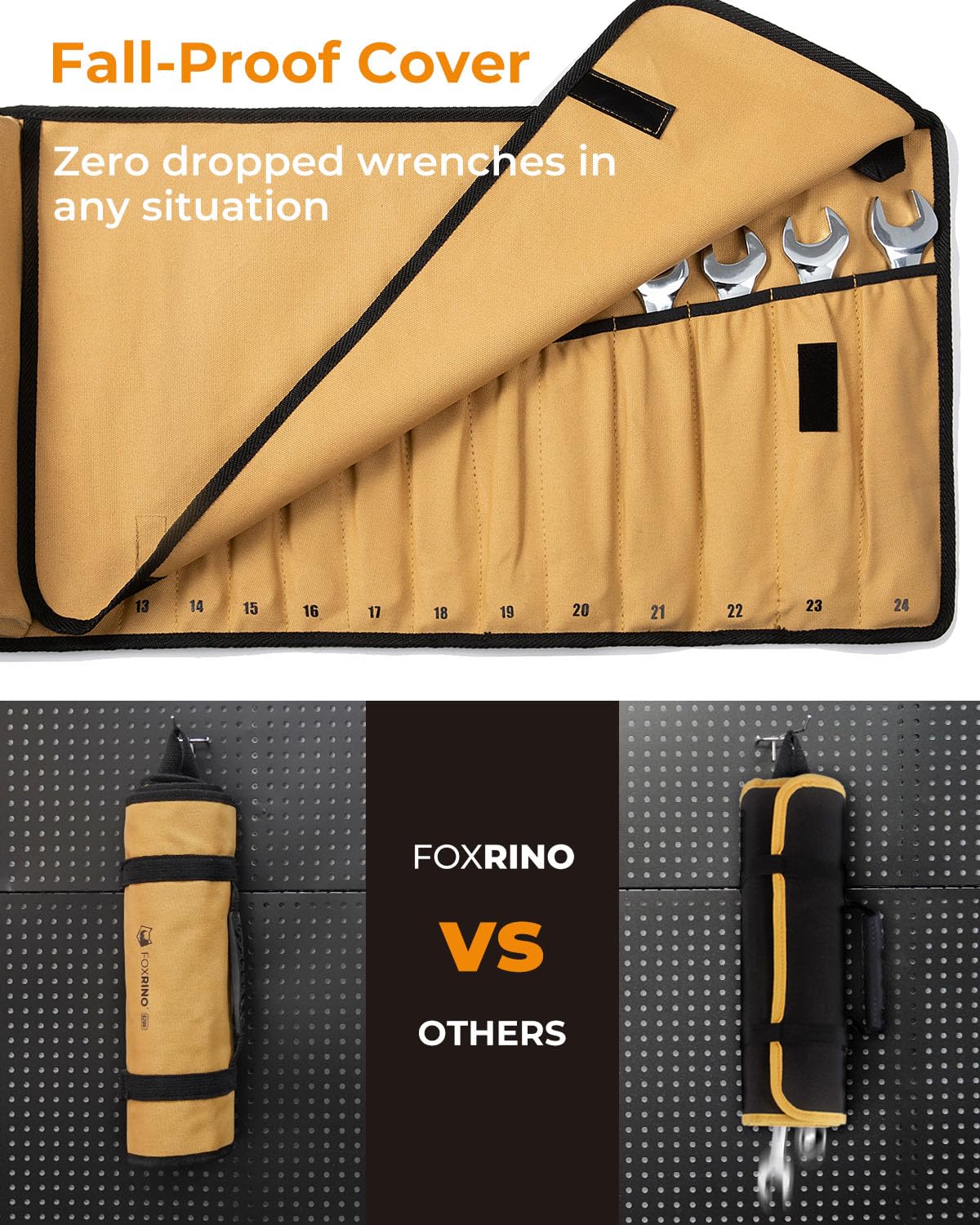 Foxrino wrench roll features a secure locking flap to prevent spills.