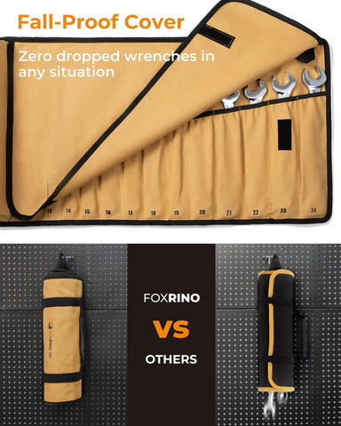 Foxrino wrench roll features a secure locking flap to prevent spills.