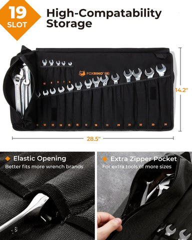 Foxrino wrench roll large zip pocket stores tools and quick-release bits for on-site setups.