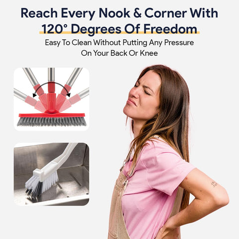Fox Trot Living swivel scrubber with 120° pivot tackles hard-to-reach grout gaps