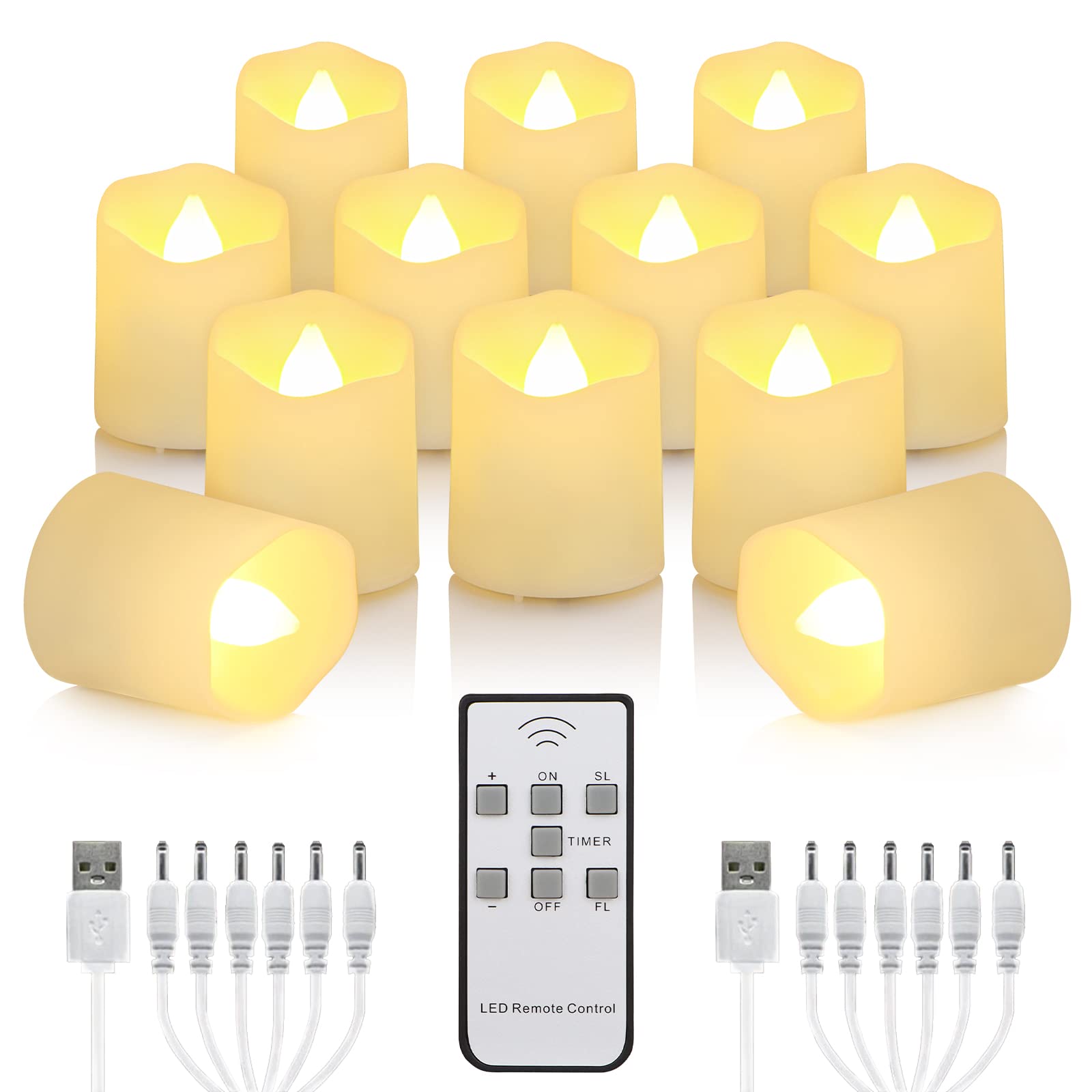 FPOO twelve-pack rechargeable tealights showing a warm ambient glow for decor