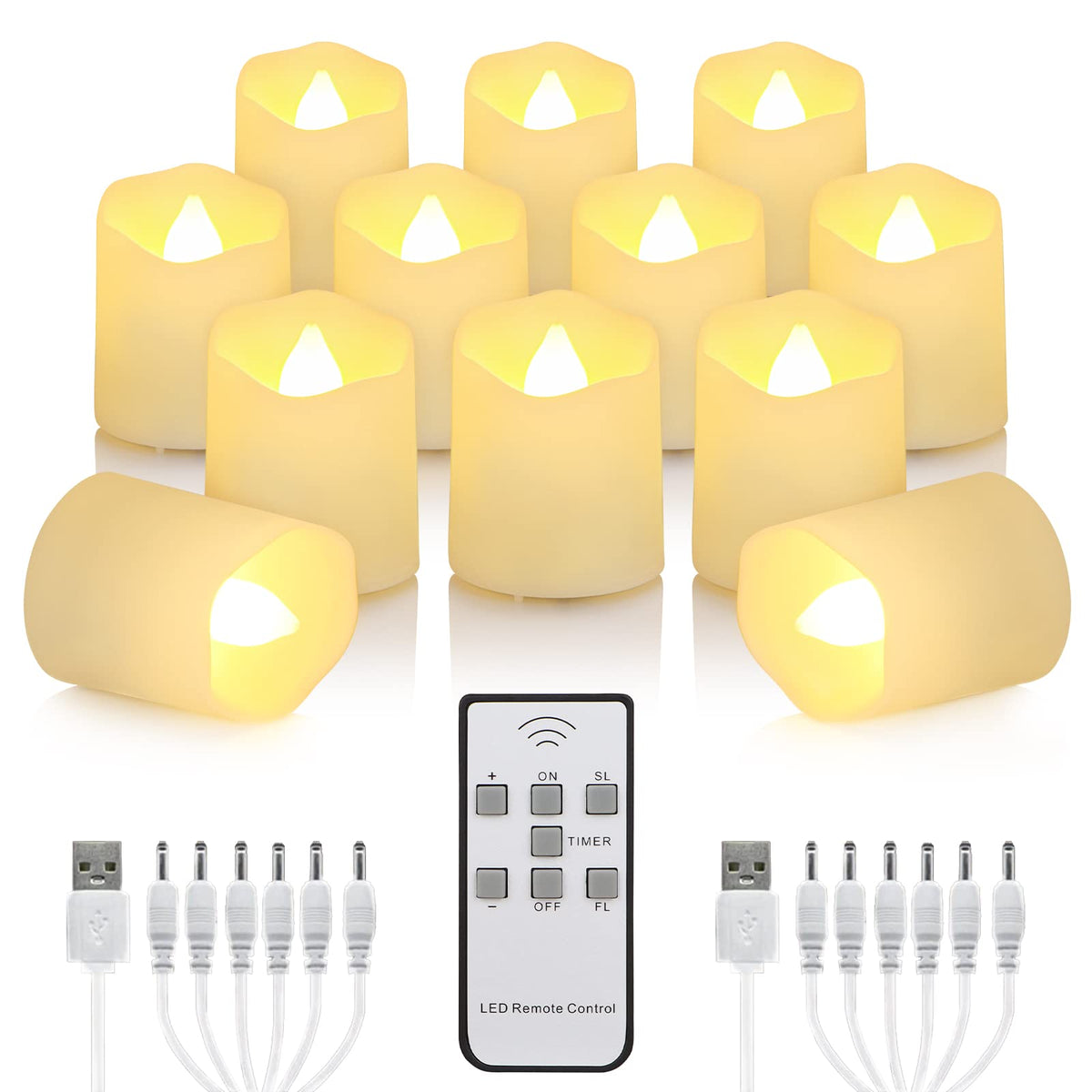 FPOO twelve-pack rechargeable tealights showing a warm ambient glow for decor
