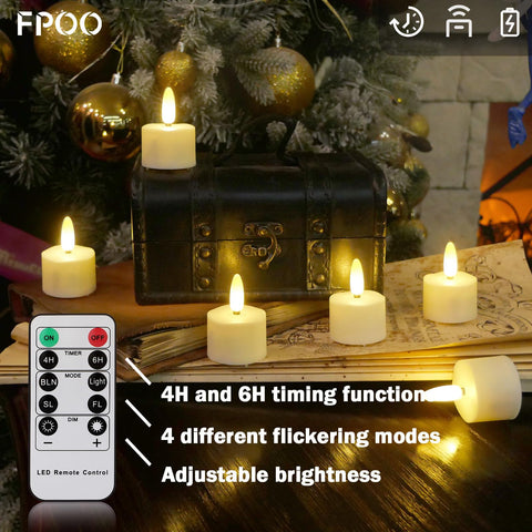 FPOO LED tea lights remote control image illustrates easy brightness and flicker options.