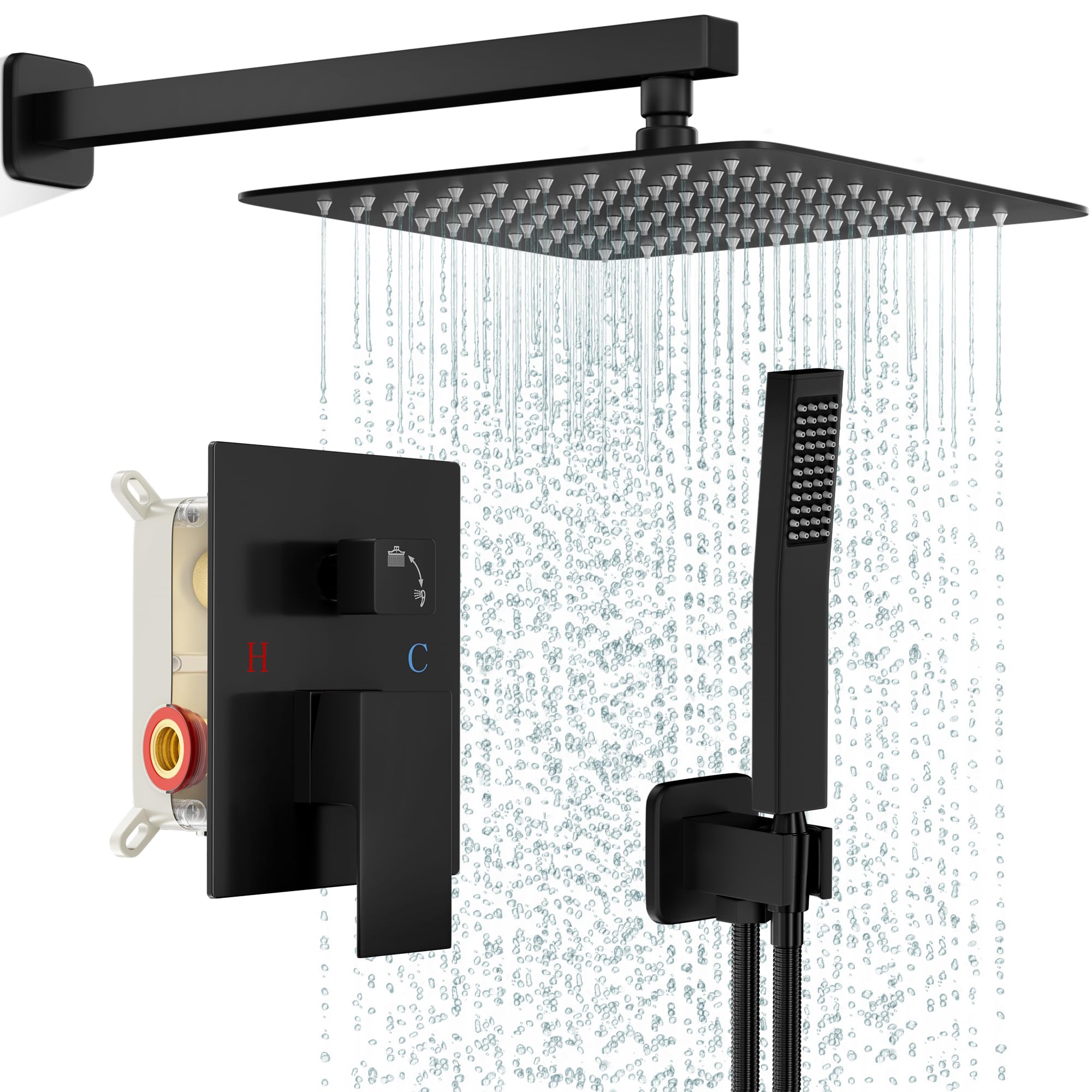 FPXRNG 12-inch matte black rainfall head for a luxurious shower experience.
