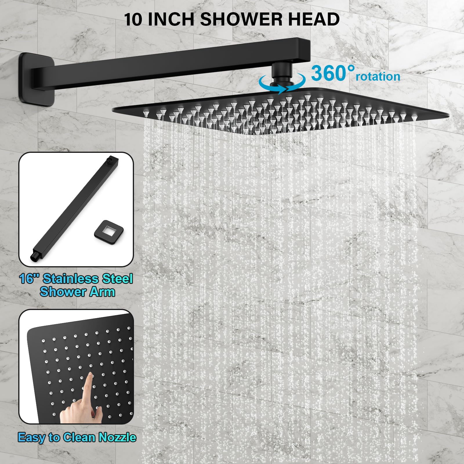 FPXRNG 16-inch shower arm in matte black ensures broad spray coverage.