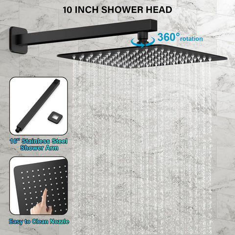 FPXRNG 16-inch shower arm in matte black ensures broad spray coverage.