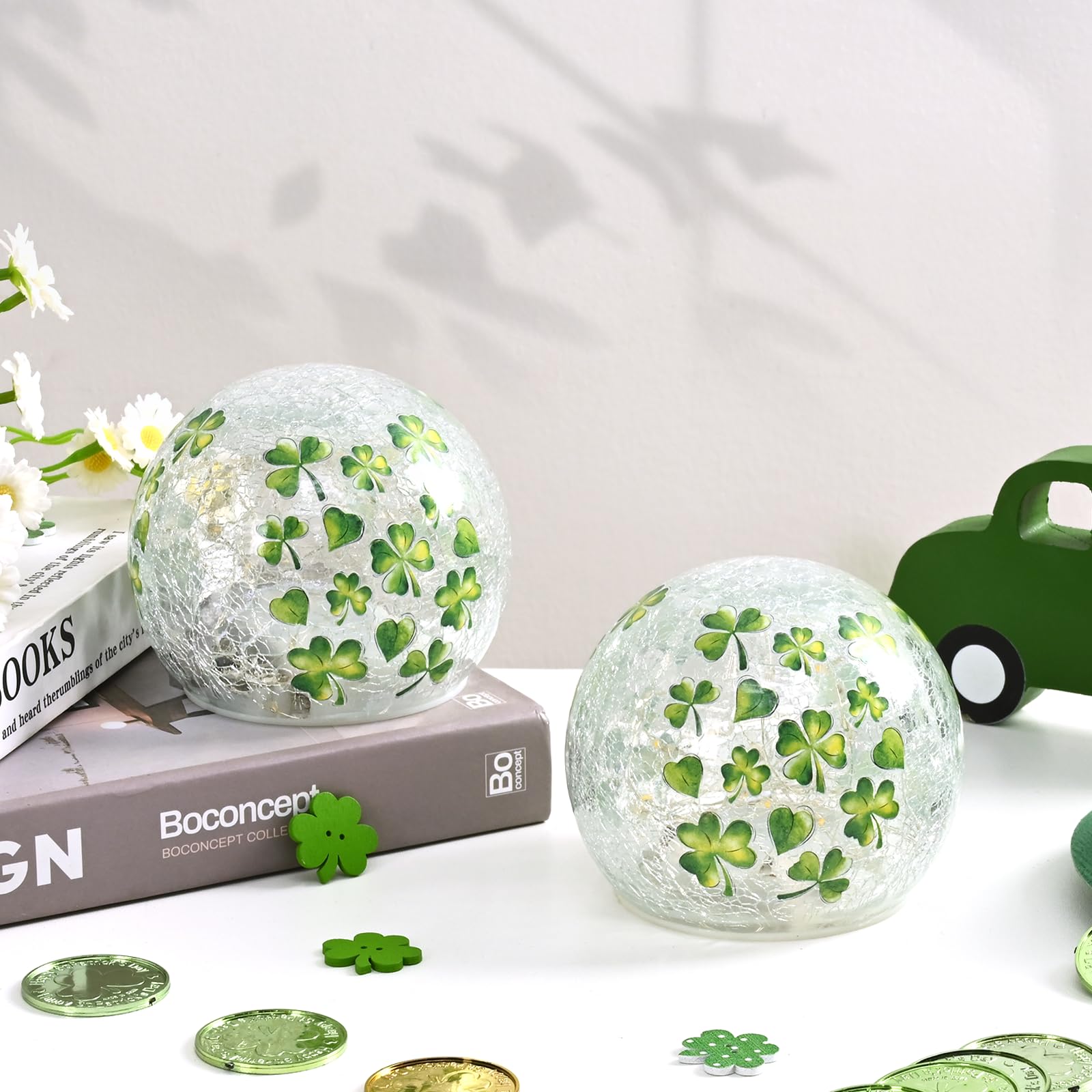 FRAMICS shamrock globe decor with timer light for easy nightly use.