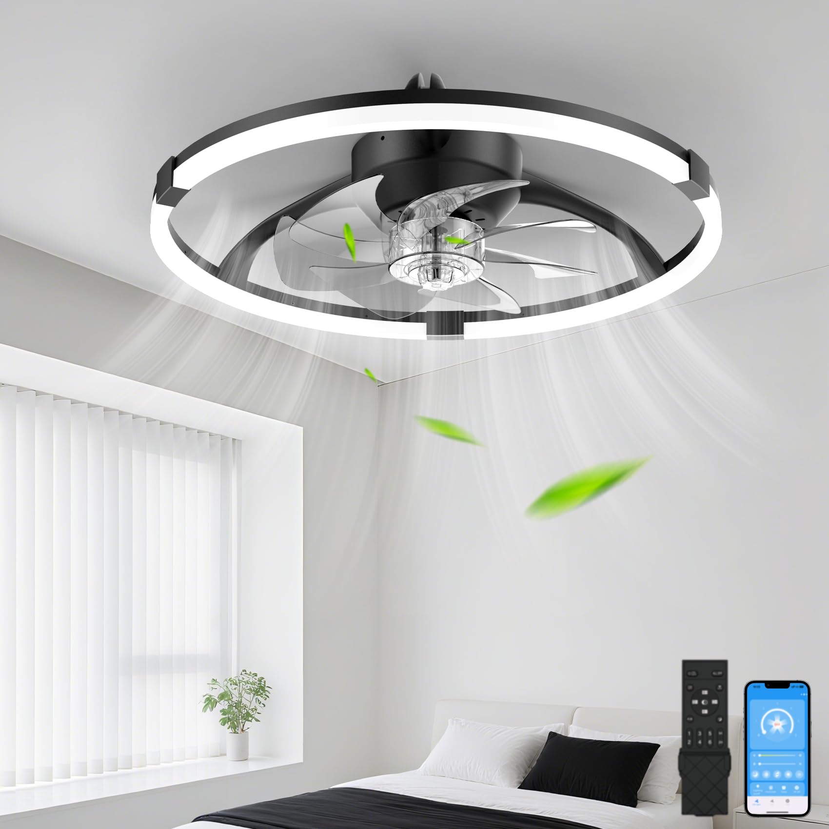 Franjulia 20-inch low-profile ceiling fan with light and remote for quiet bedroom cooling.