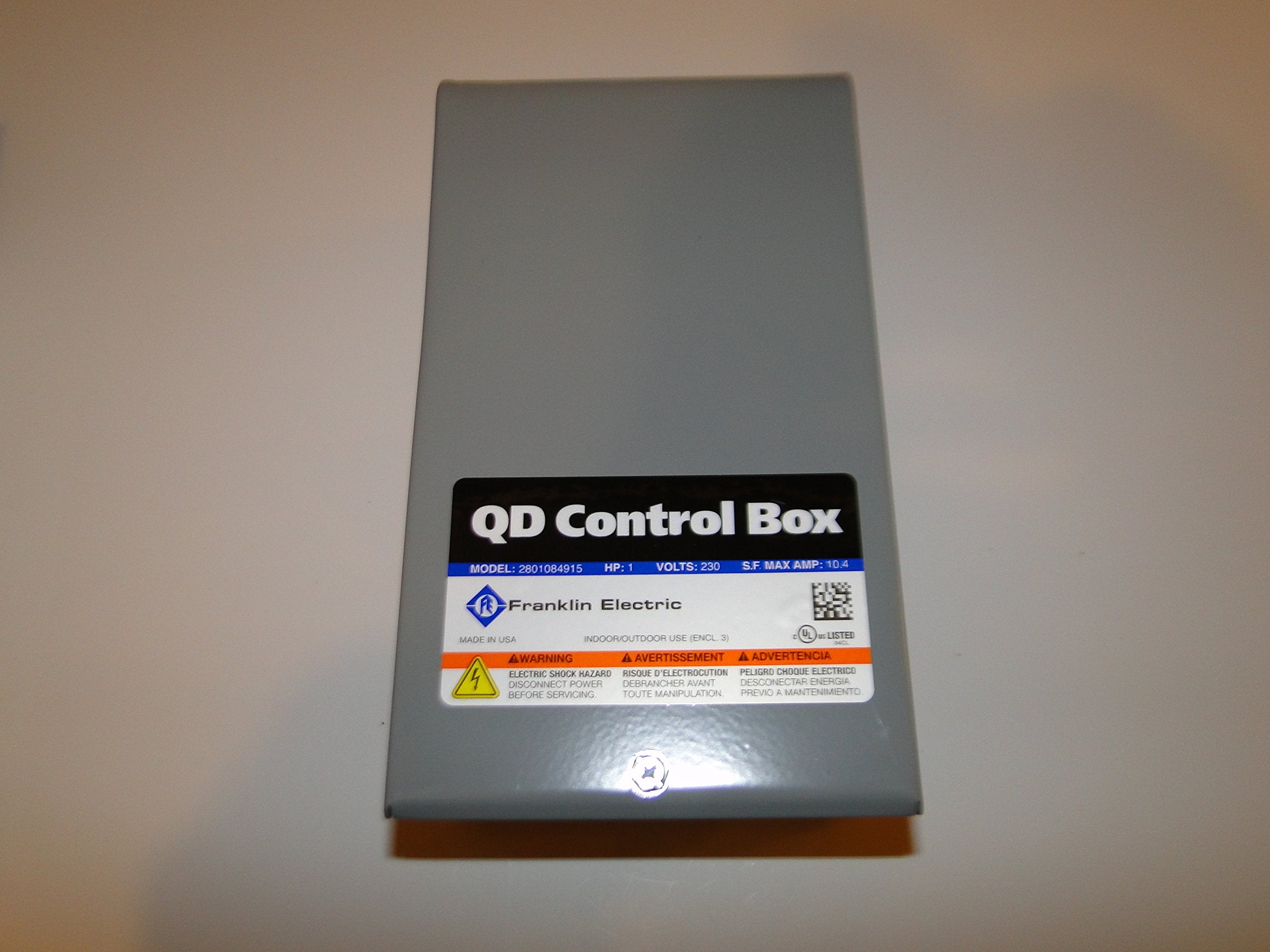 Franklin Electric 1 HP control box side panel shows simple wiring for 3-wire motors.