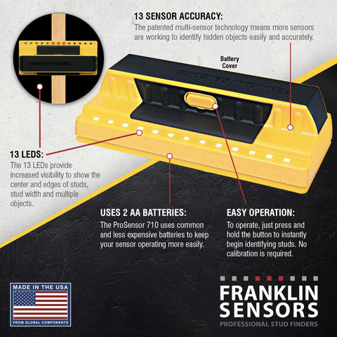 Franklin ProSensor 710 in-wall use demonstrates stud locating on wall.
