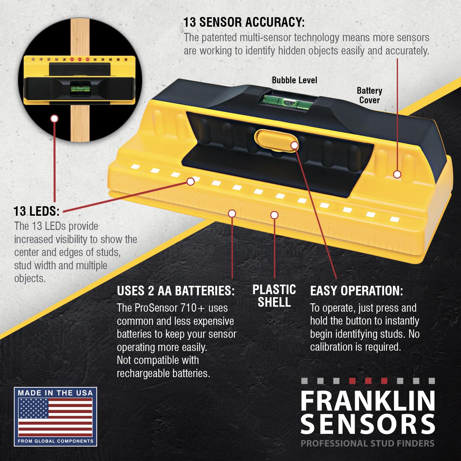 Depth detection up to 1.6 inches helps locate studs behind drywall.