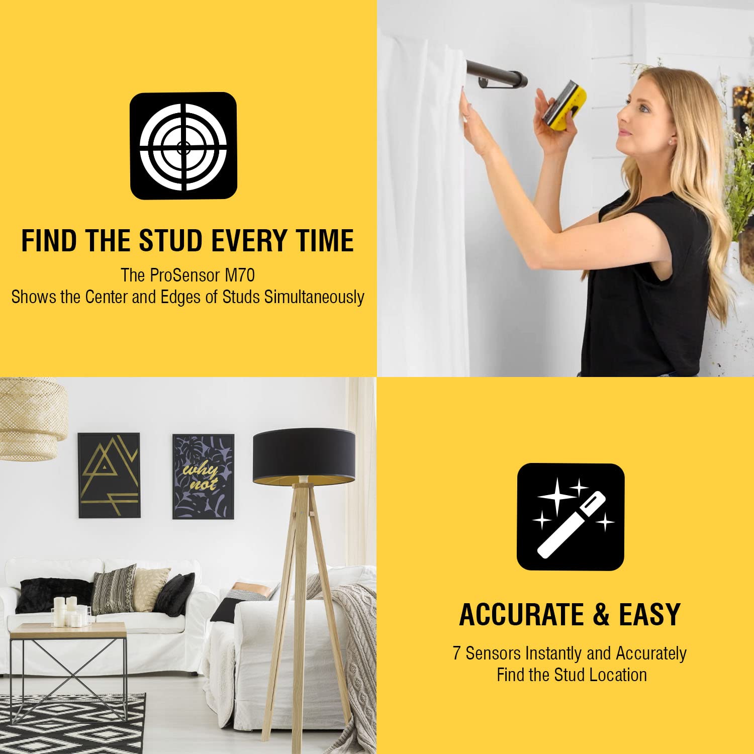 Works through drywall to locate studs with less guessing.