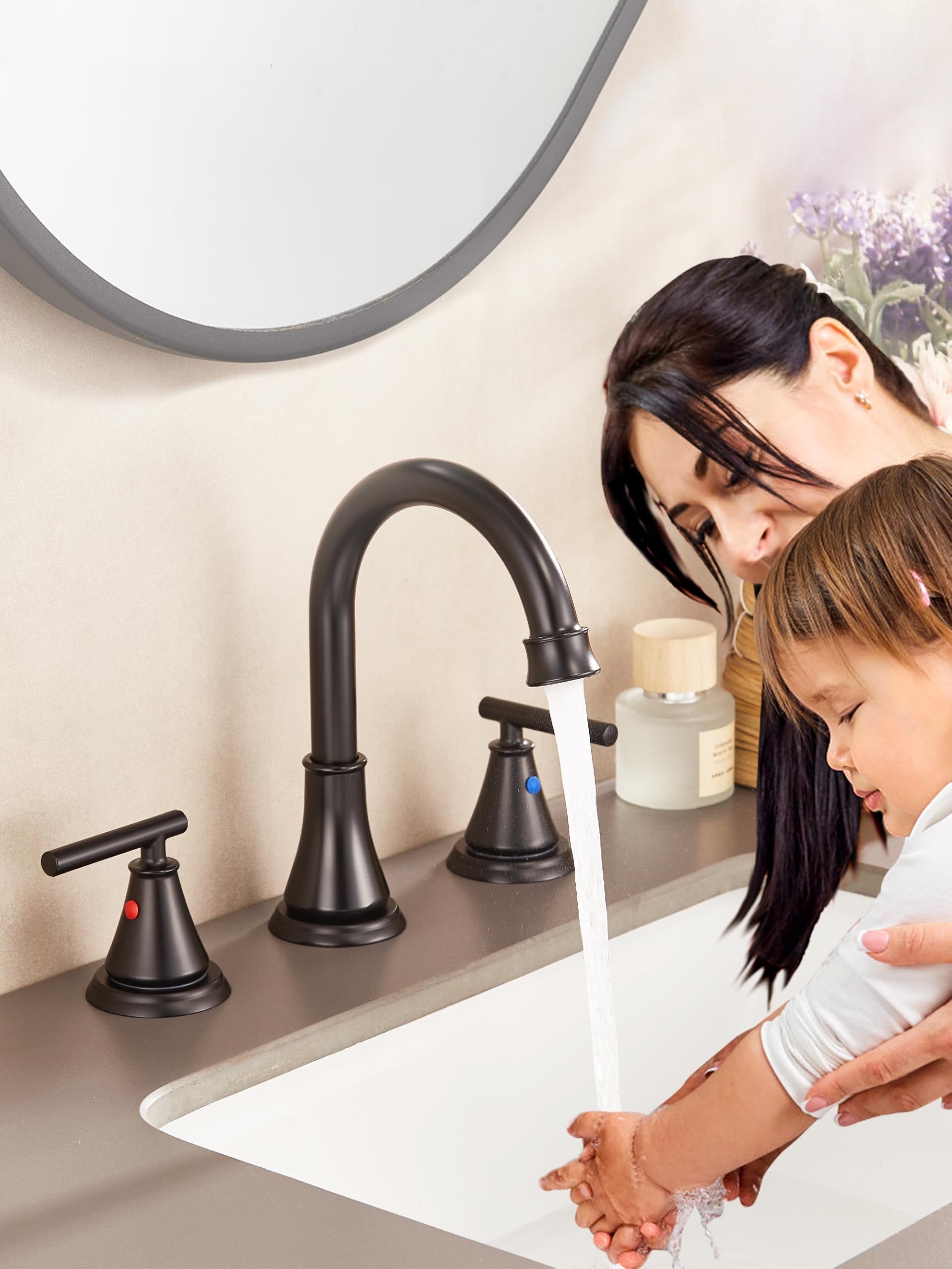 Fransiton Black 8-Inch Widespread Faucet assembled with pre-assembled handles for quick setup.