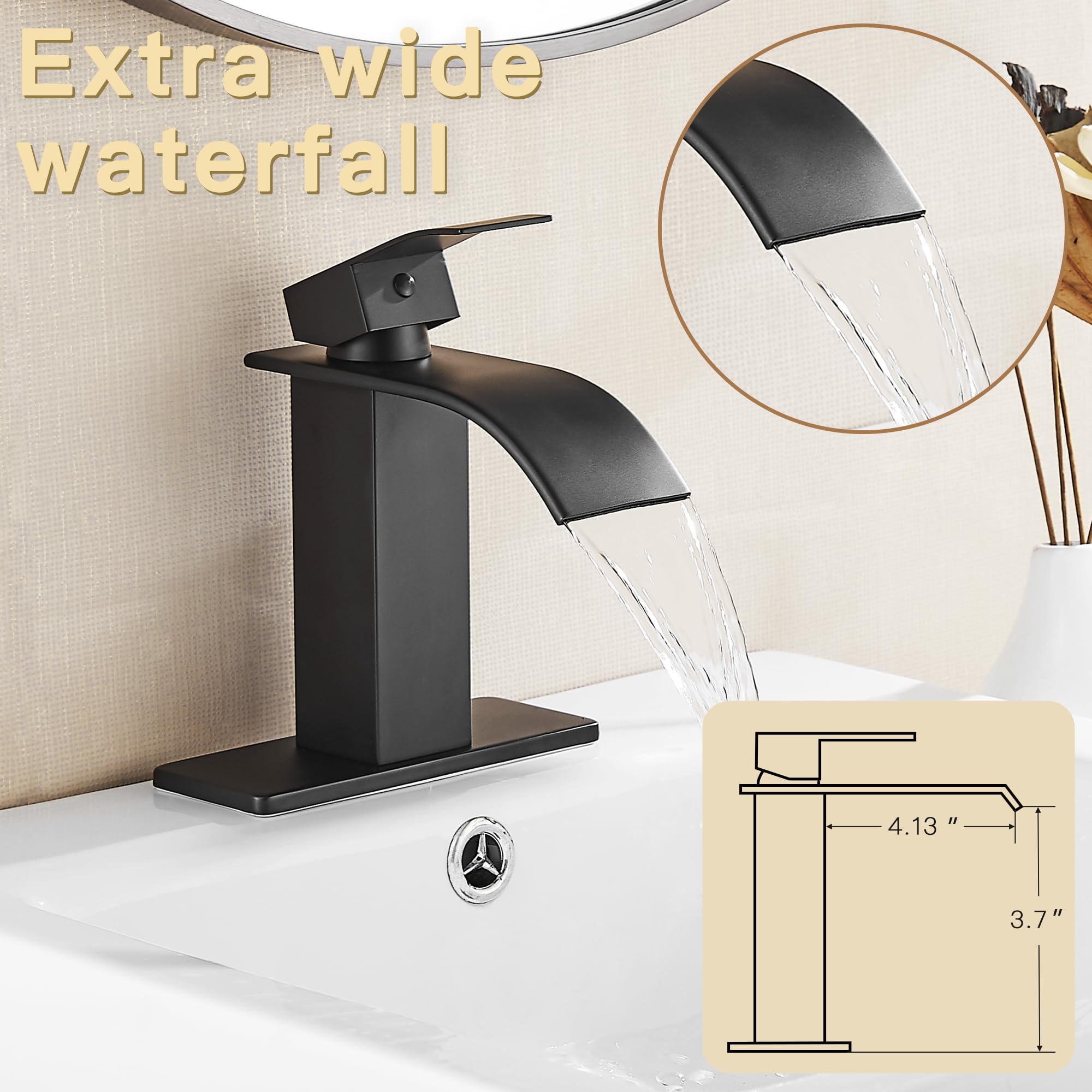 Fransiton Black Waterfall faucet ceramic valve offers drip-free performance.