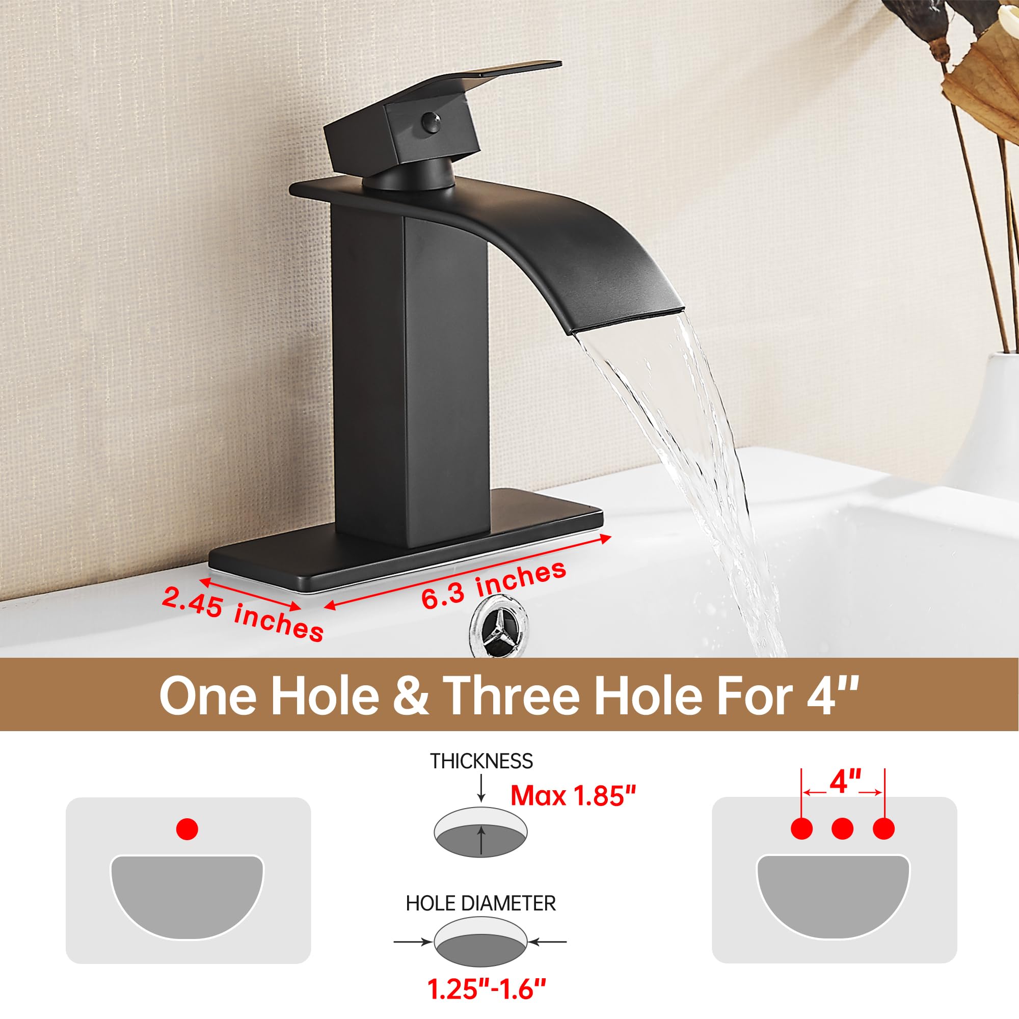 Fransiton Black Waterfall faucet with deck plate fits 1- or 3-hole sinks.