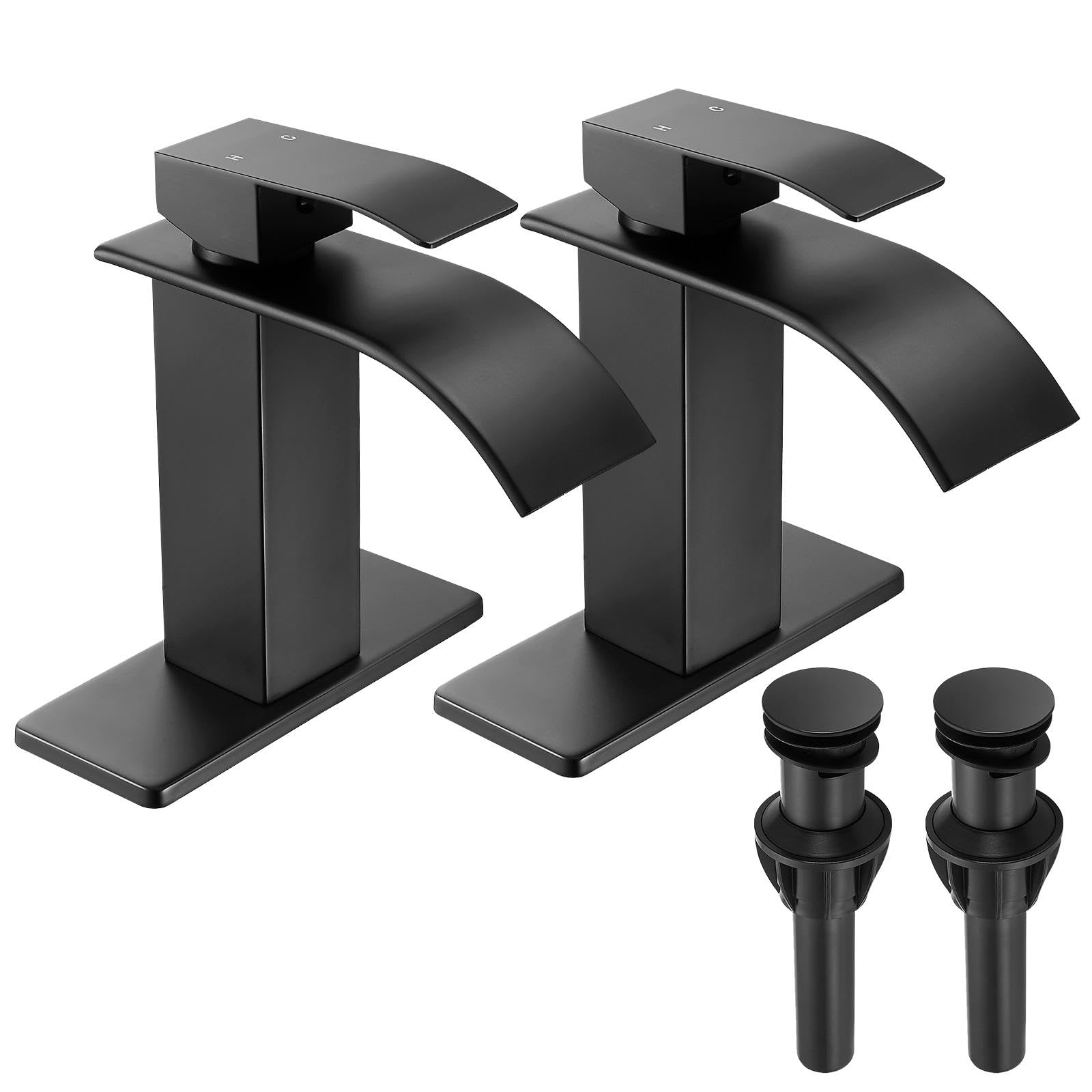 Fransiton Black Waterfall faucet side view for a sleek, modern bathroom.