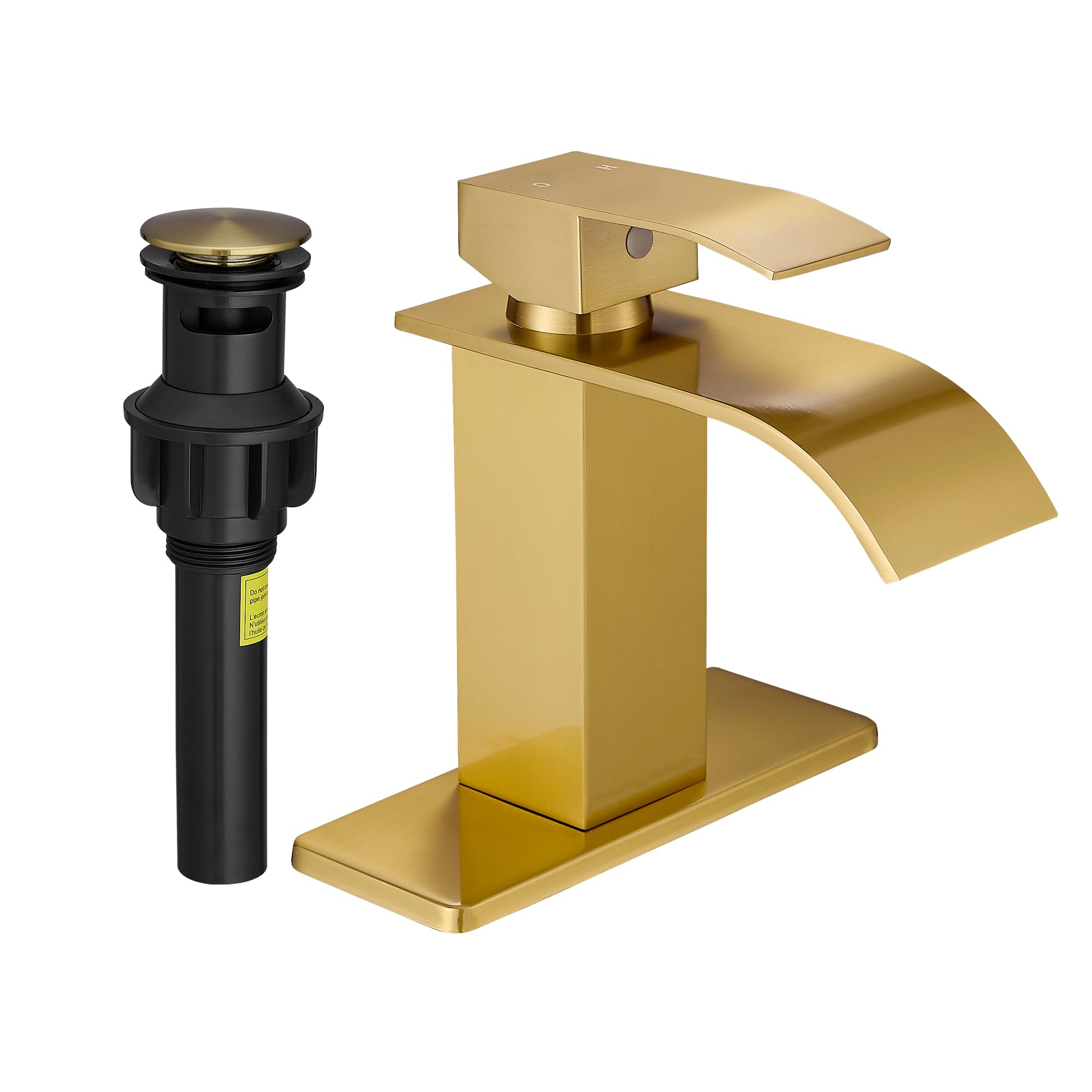 Fransiton brushed gold waterfall faucet front view showing modern silhouette