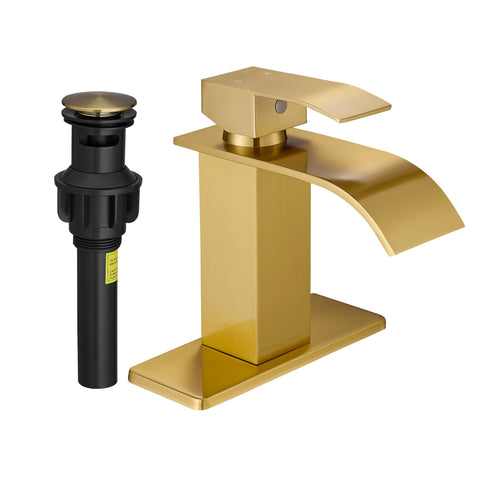 Fransiton brushed gold waterfall faucet front view showing modern silhouette