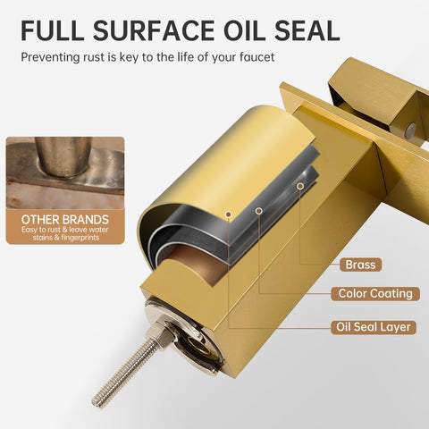 Fransiton waterfall faucet spout closeup with smooth water flow