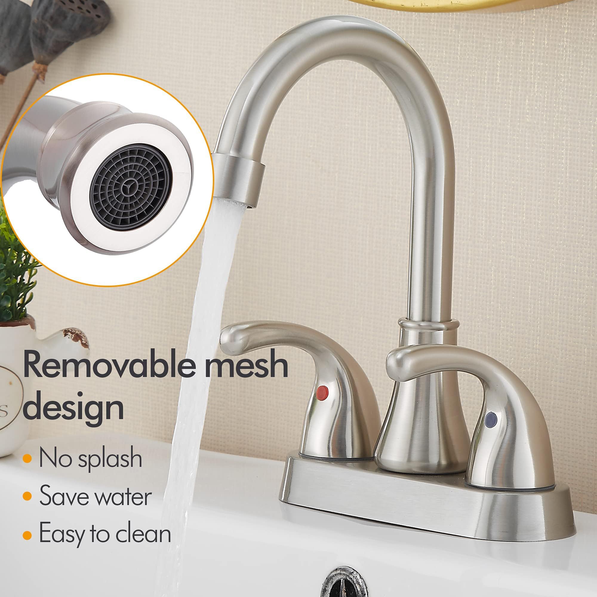 Fransiton two-handle control on brushed nickel finish delivers precise water adjustment.