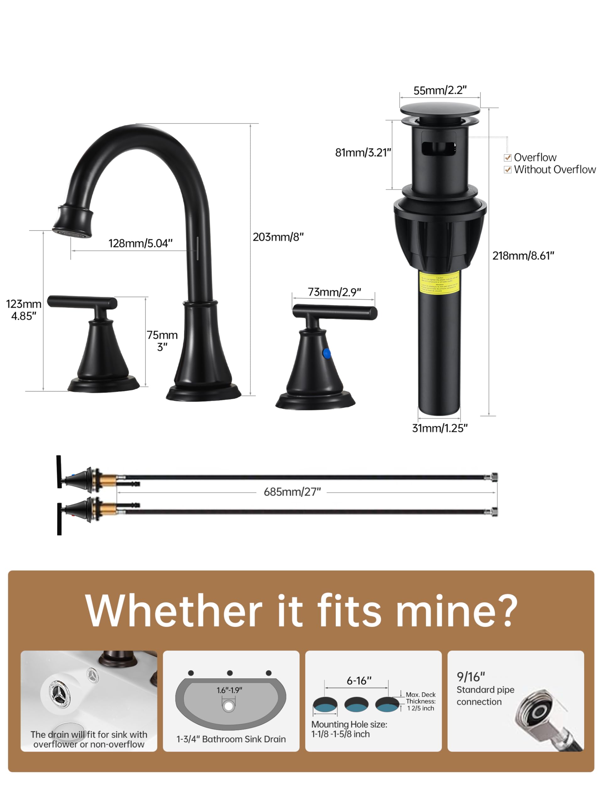 Fransiton pop-up drain included in metal finish for easy basin drainage.
