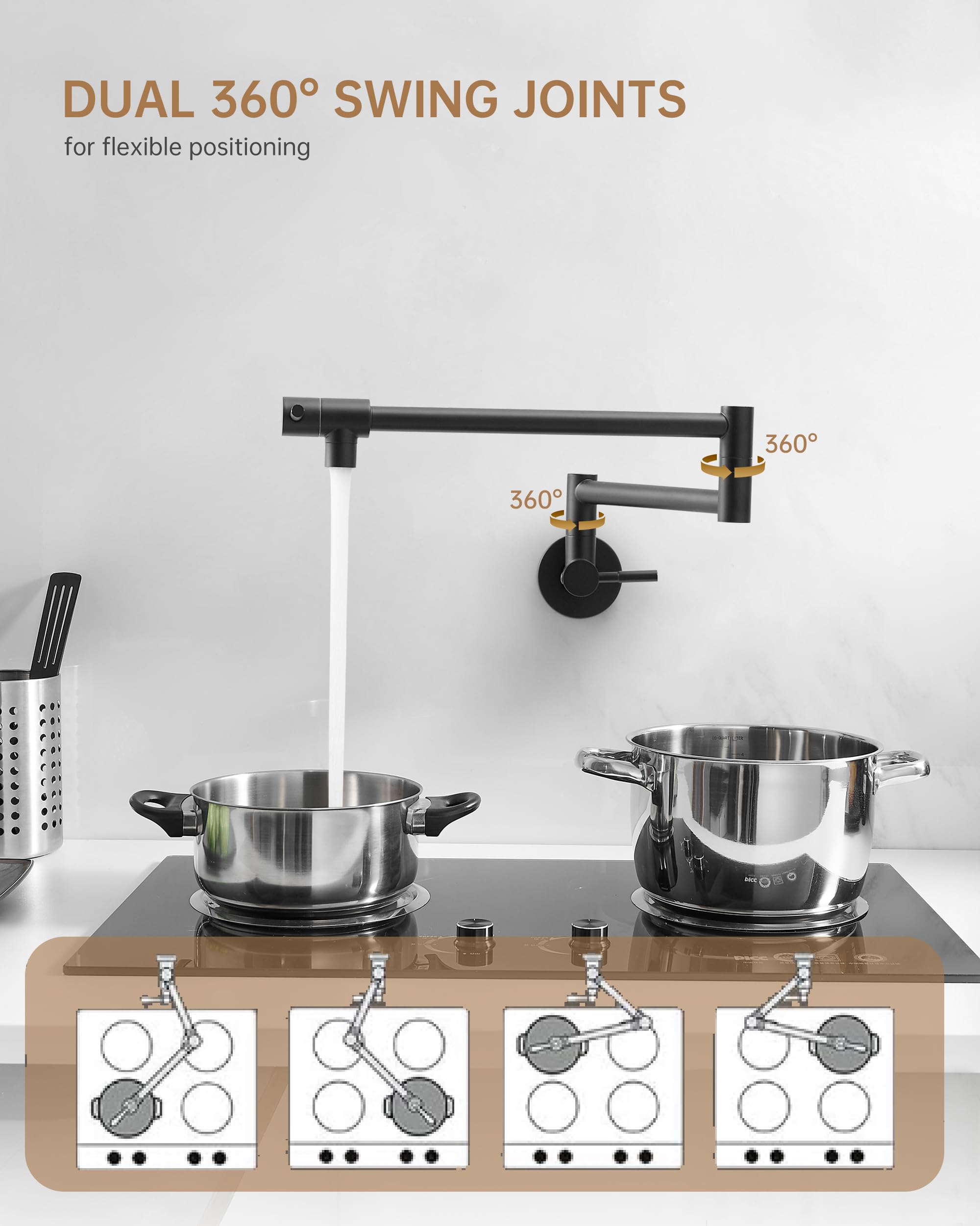 Fransiton brass pot filler wall mount keeps kitchen uncluttered with space-saving design