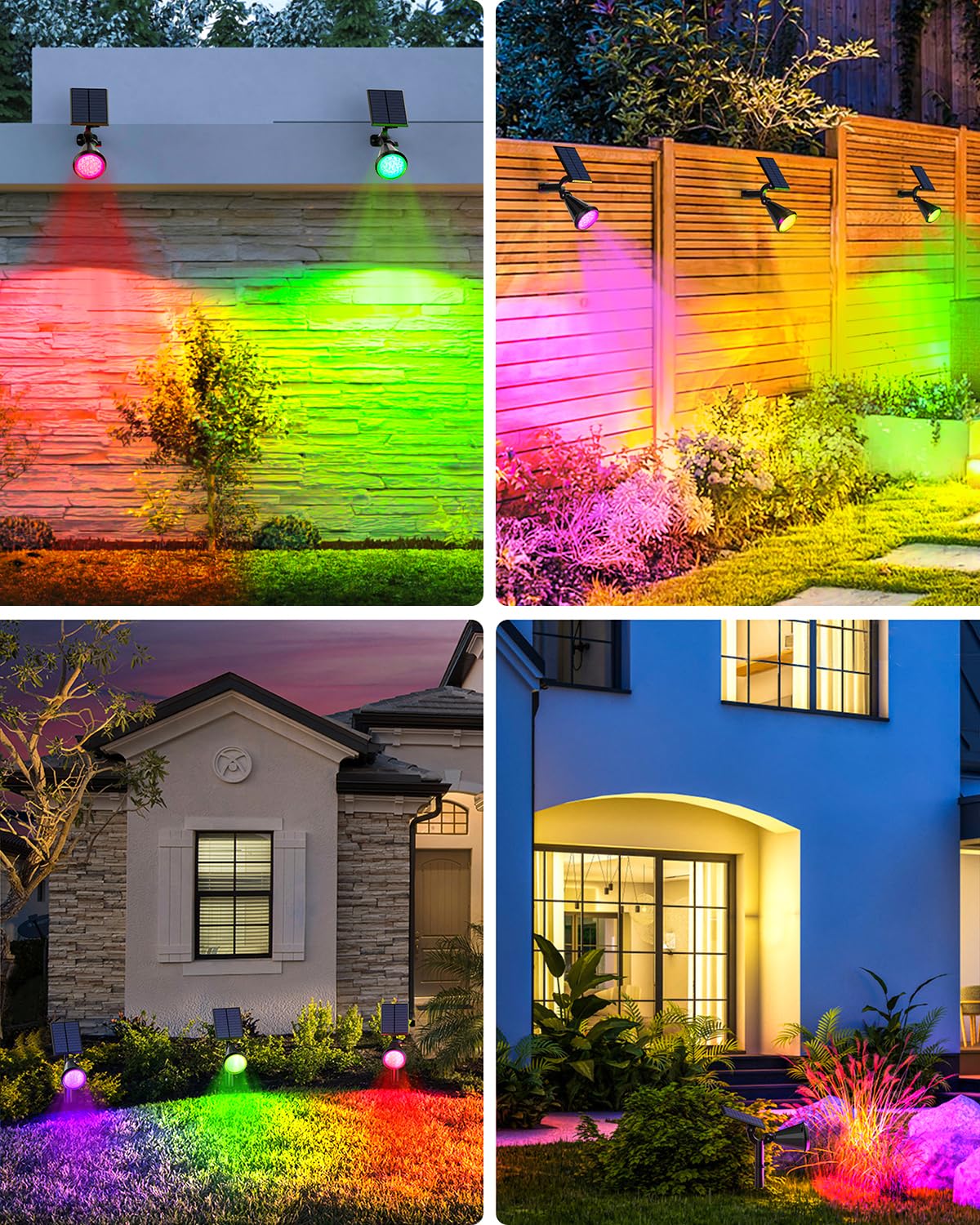 Fratink solar spot lights illuminate yards trees and pathways with vibrant color
