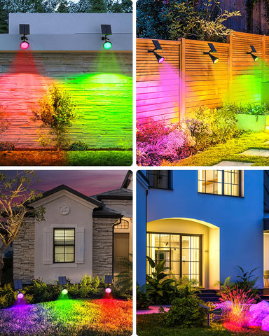 Fratink solar spot lights illuminate yards trees and pathways with vibrant color